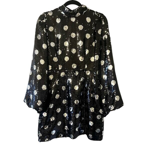 Sister Jane Olympic Long Sleeve Polka Dot Sequin Mini Dress Black Silver Medium - Picture 2 of 11
